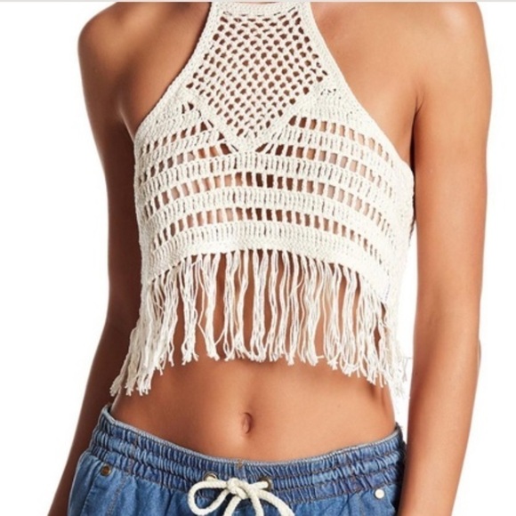 One Teaspoon Tops - One Teaspoon Husk Bodice Crochet Halter Top Cropped with Fringe Sz S